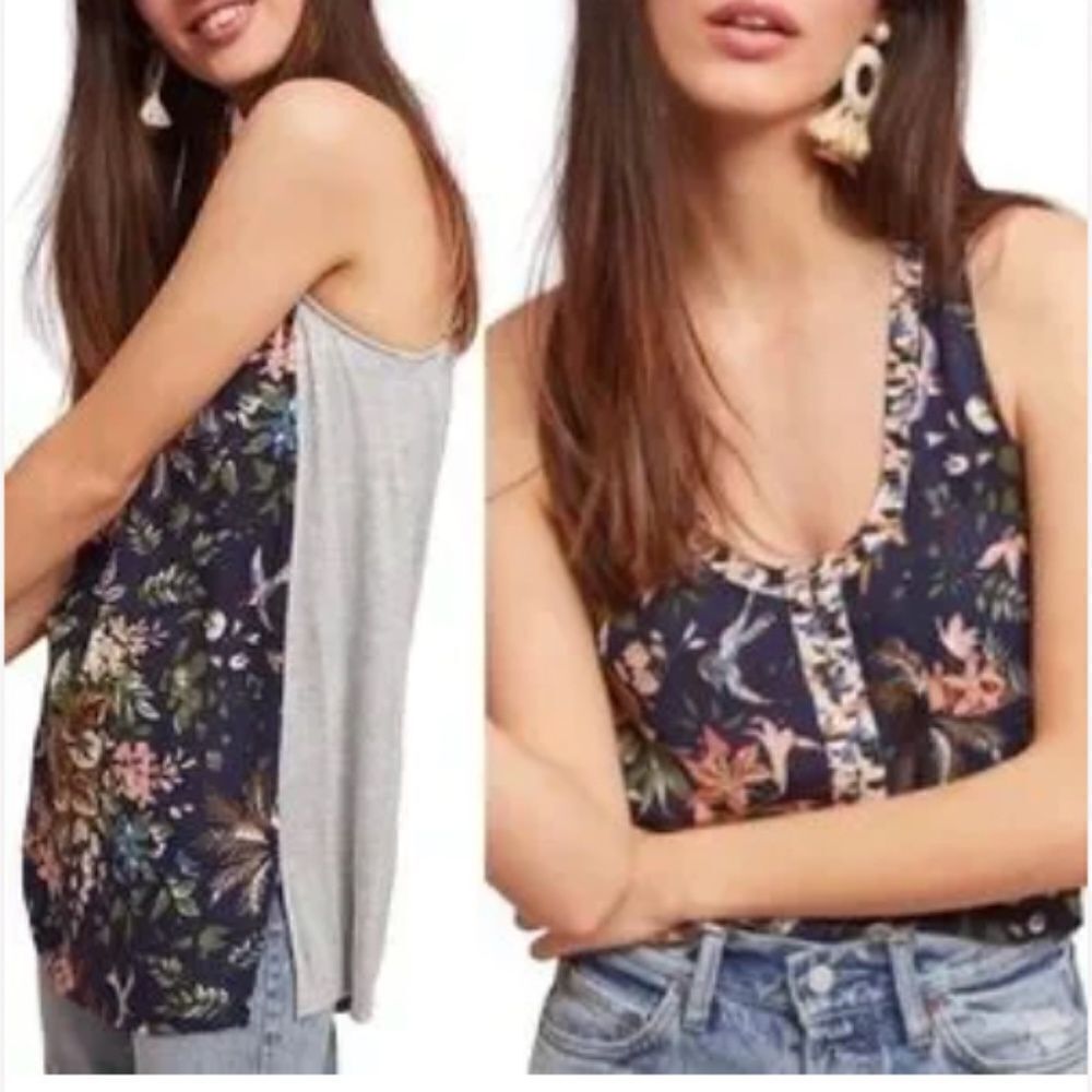 (BOGO FREE) Anthropologie Tiny Zuma Bird Navy Floral Print Tank Top Blouse XS